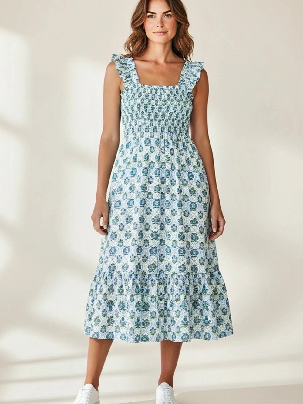 Perch by Blue Pepper Blue Floral Smocked Midi Dress Sz 2X nwt